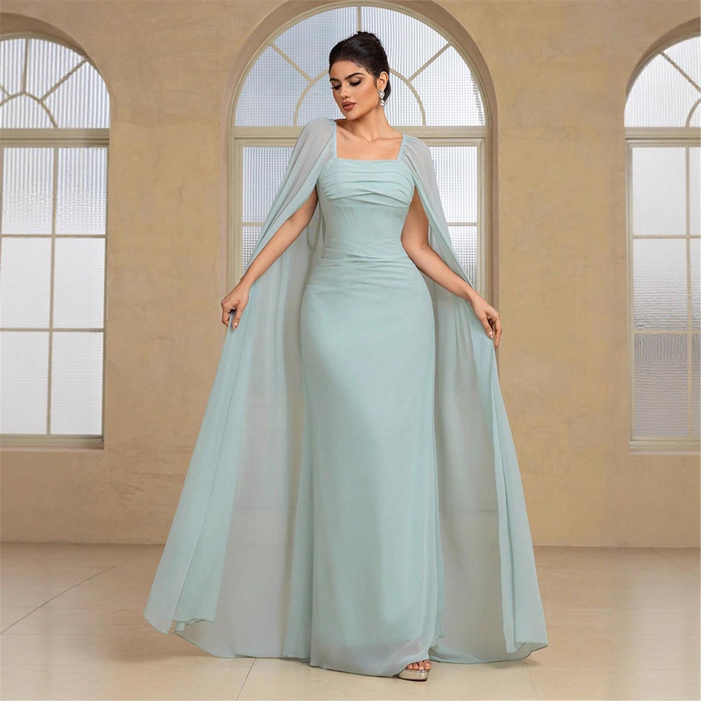 Linen Dress Wrap - Şık Uzun Abiye Elbise Düz Renk